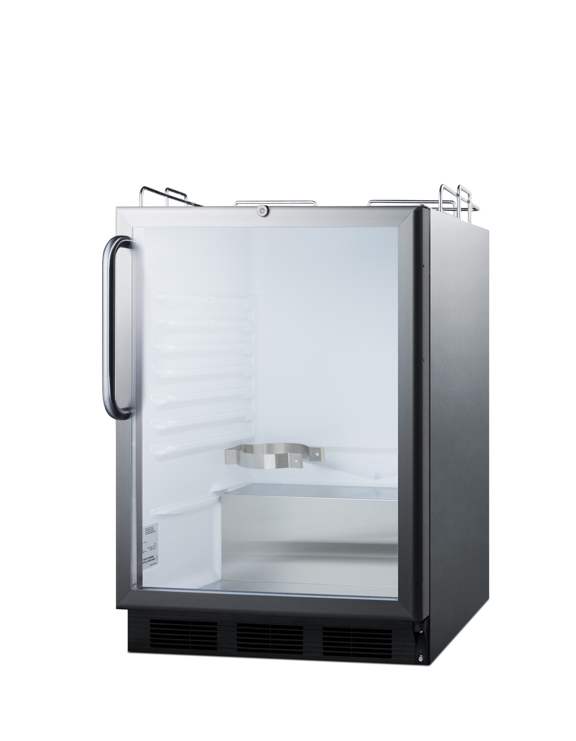Built-in undercounter ADA height commercially listed beer dispenser with glass door, lock, and stainless steel wrapped cabinet; no tapping equipment included